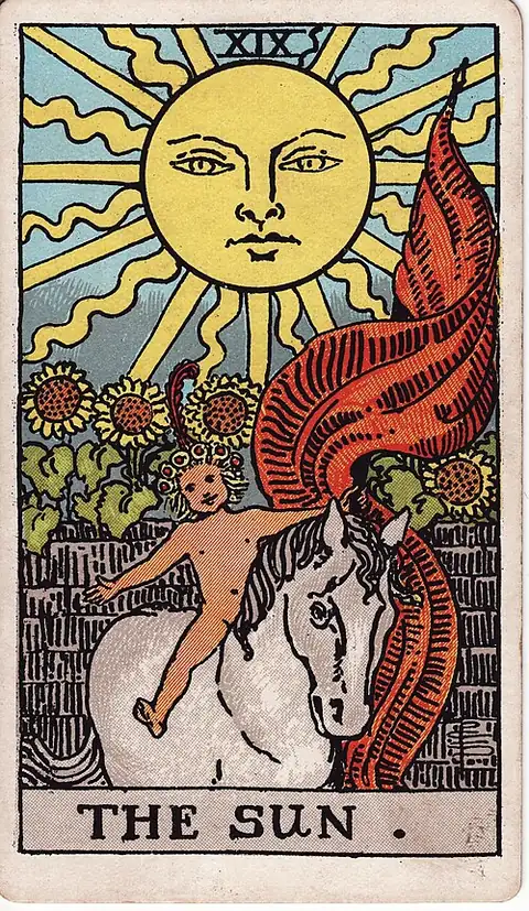 The Sun. A child on a white horse rides out from behind a garden wall of tall sunflowers under a huge sun with a face, holding a red banner.