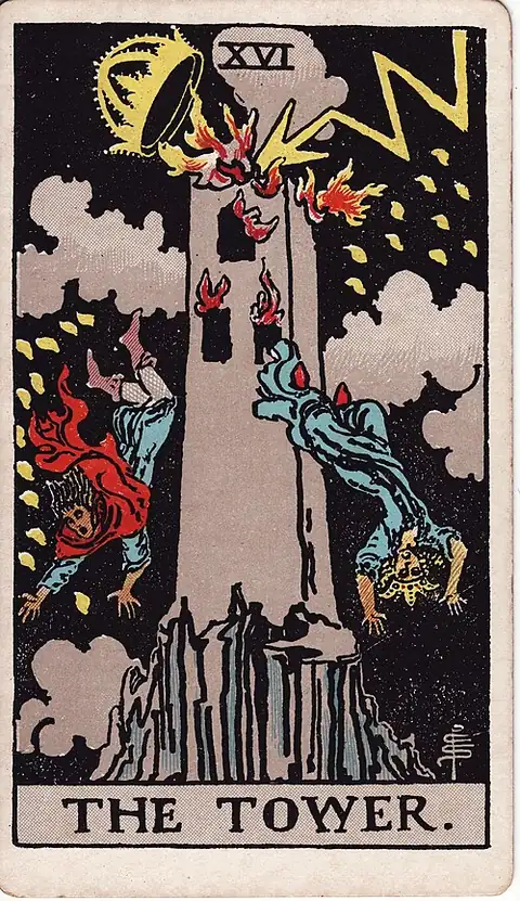 The Tower reversed. Lightning strikes the crown off a tall tower and two figures fall head-first from the windows into the dark.