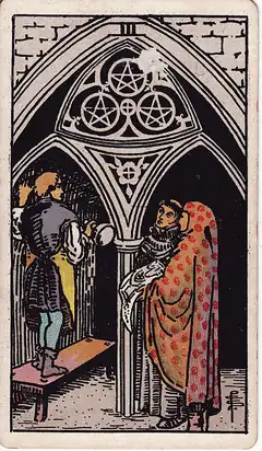 Three of Pentacles. A stonemason stands on a bench in a cathedral while a monk and a hooded figure hold up the plans, three pentacles carved in the arch.