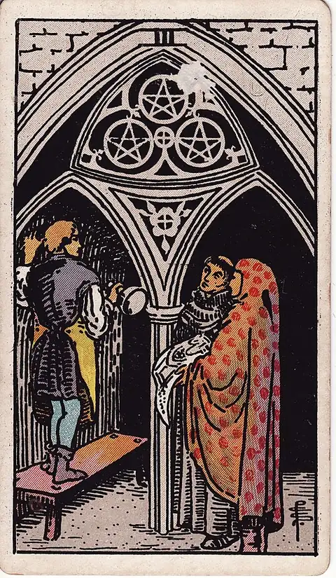 Three of Pentacles. A stonemason stands on a bench in a cathedral while a monk and a hooded figure hold up the plans, three pentacles carved in the arch.