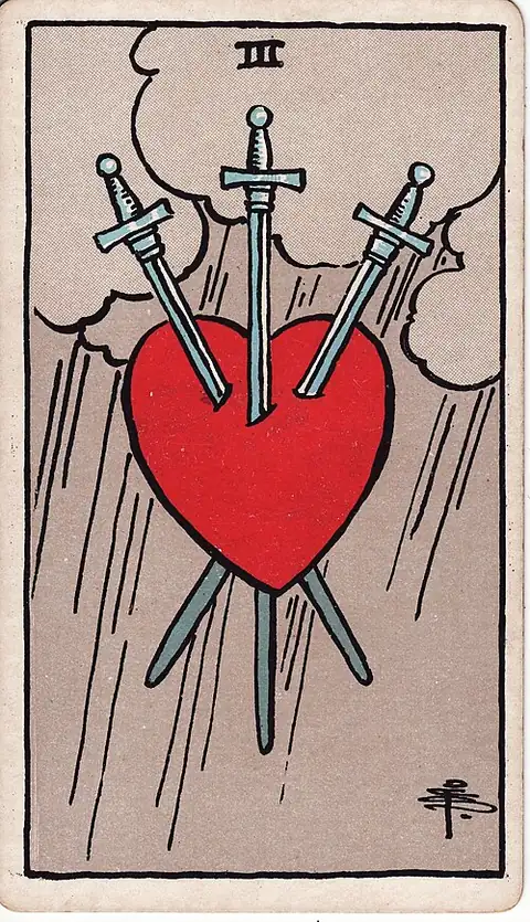 Three of Swords reversed. Three swords pierce a red heart under grey rain cloud.