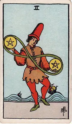 Two of Pentacles. A young man dances juggling two coins joined by a green lemniscate, two ships riding high waves behind him.