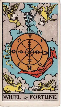 Wheel of Fortune. A great wheel turns in the sky, a sphinx above it and a serpent descending one side, with a winged bull, lion, eagle and angel reading in the four corners.